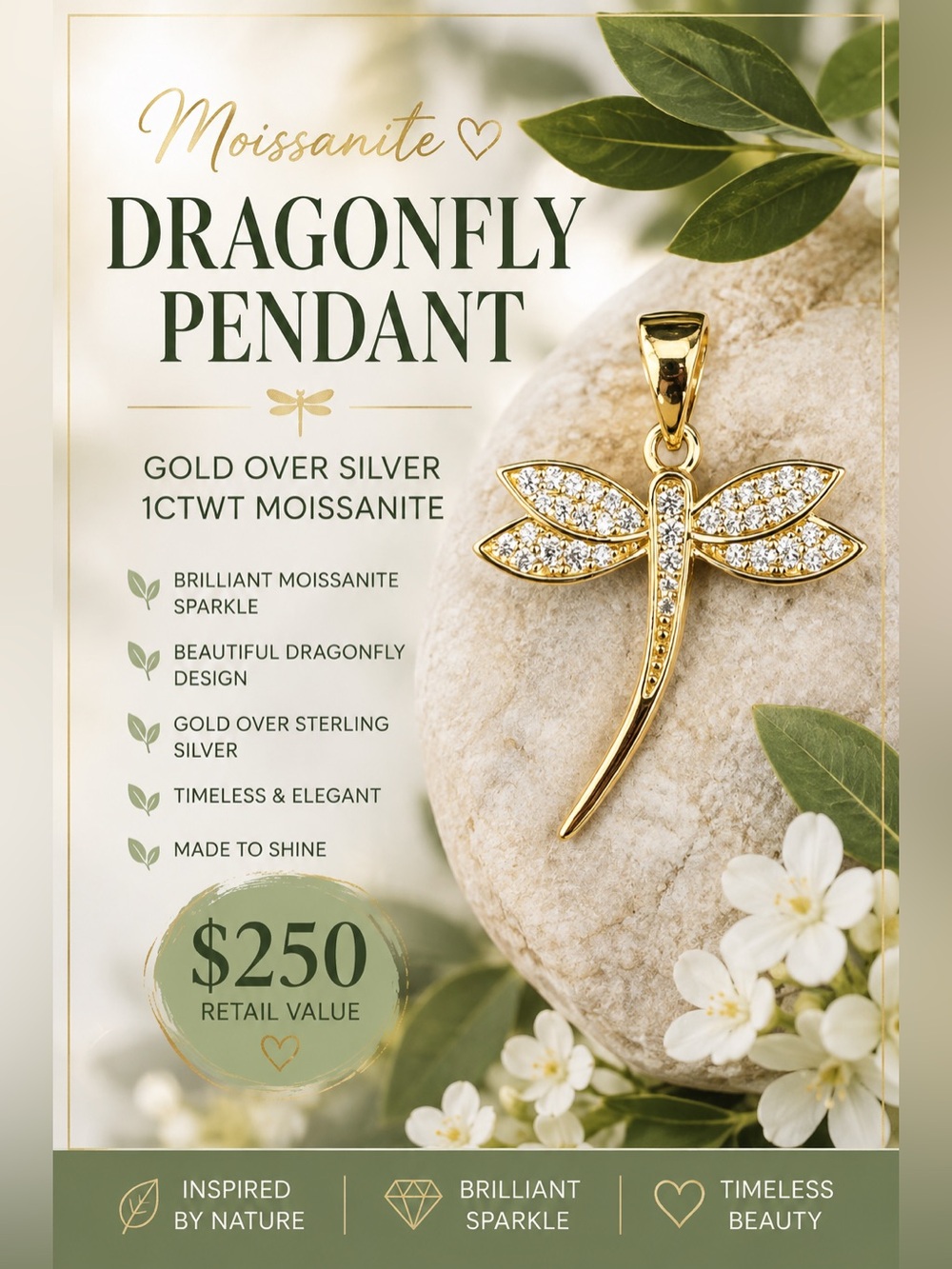 Dragonfly Pendant- Gold over Silver - 1ctwt Moissanite - $250 retail value